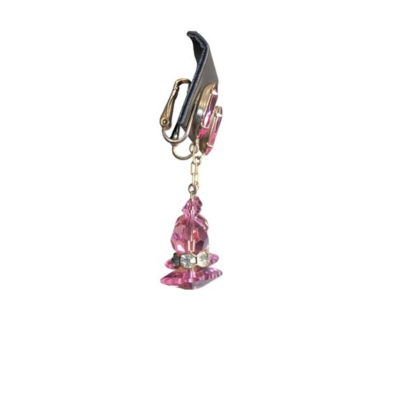Vintage Pink AB Faceted Crystal Rhinestone Gold Tone Dangle Ear Clips - Picture 7 of 7